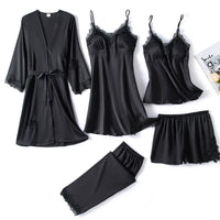 Satin-Schlafset Damen 5-teilig mit Spitze – Amara