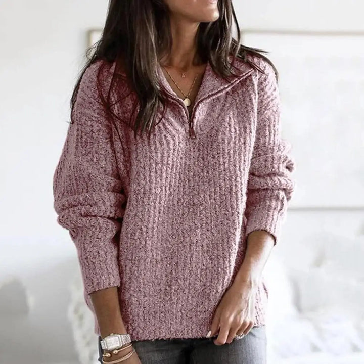 Herbstlicher strukturierter Damen Halbzip-Pullover mit langen Ärmeln – Noelle