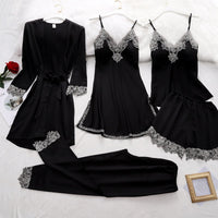 Satin-Schlafset Damen 5-teilig mit Spitze – Amara