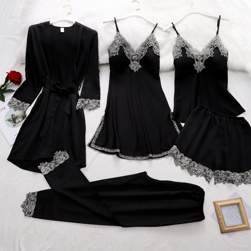 Satin-Schlafset Damen 5-teilig mit Spitze – Amara
