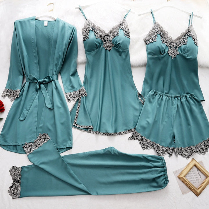 Satin-Schlafset Damen 5-teilig mit Spitze – Amara
