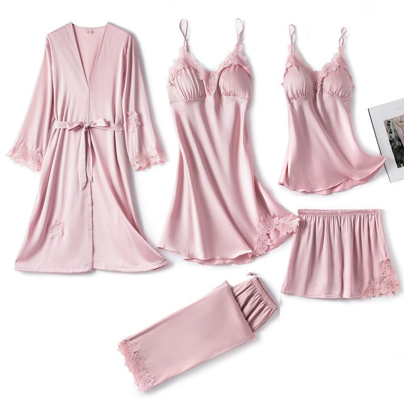 Satin-Schlafset Damen 5-teilig mit Spitze – Amara
