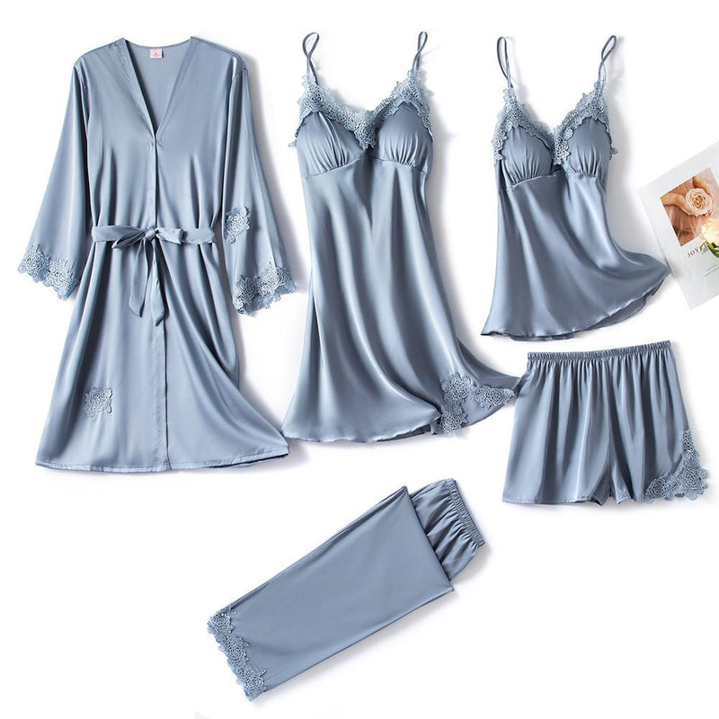 Satin-Schlafset Damen 5-teilig mit Spitze – Amara