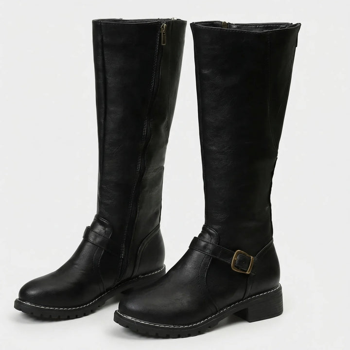 Knee-High Buckle Strap Riding Boot - Sheryl