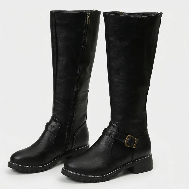 Knee-High Buckle Strap Riding Boot - Sheryl