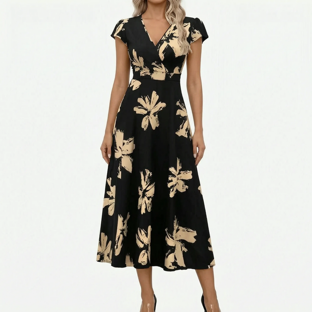 Kurzärmliges Sommerkleid Midi Mit V-Ausschnitt - Janet
