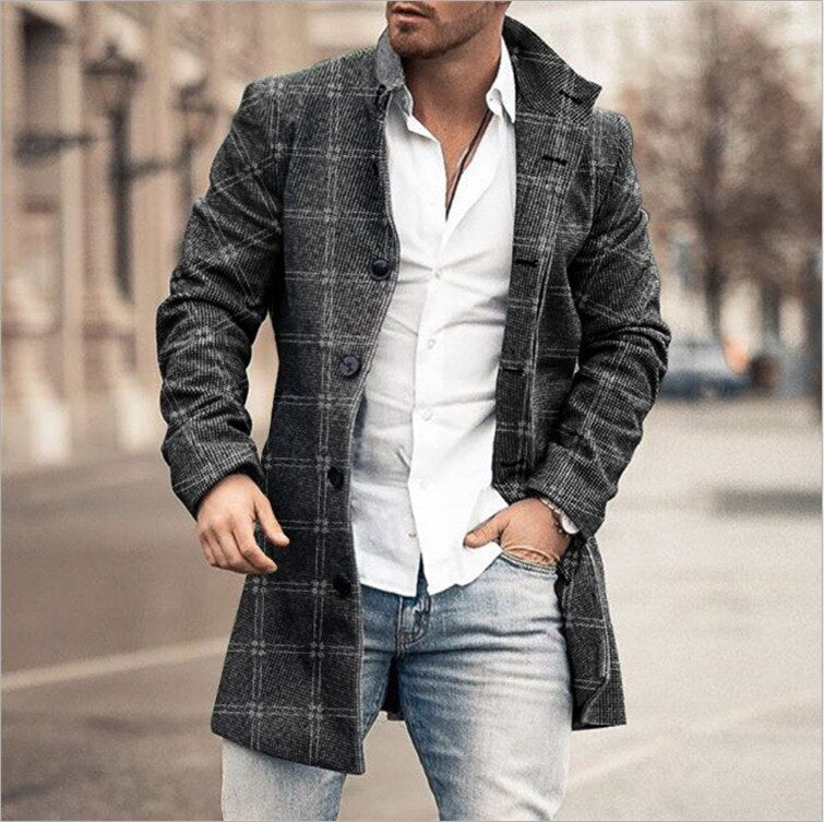 Herren Wollmantel mit Karomuster und klarer Silhouette – Elias