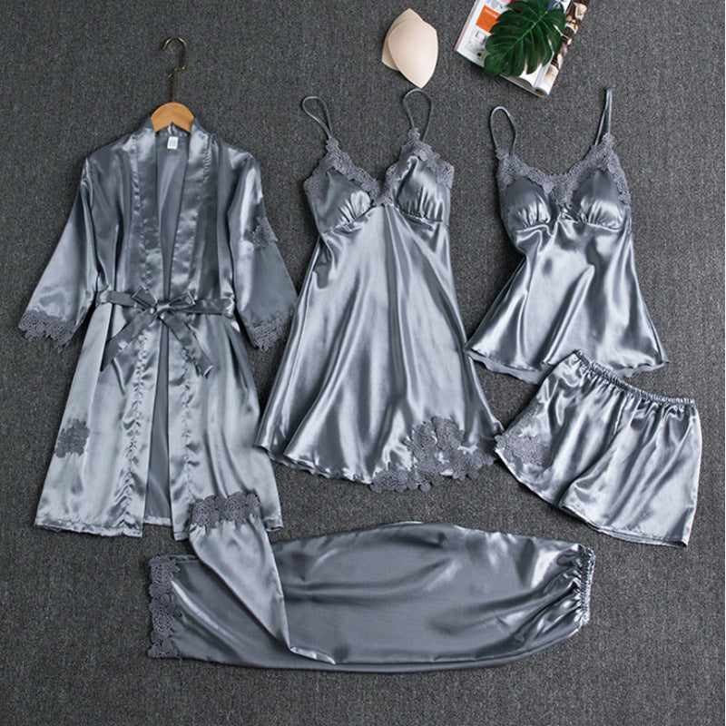 Satinschlafset 5-teilig mit Spitze für Damen – Liora