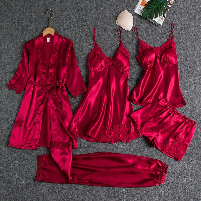 Satinschlafset 5-teilig mit Spitze für Damen – Liora