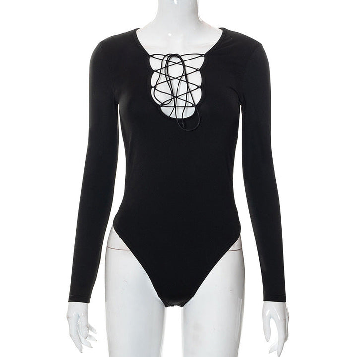 Trendy Damen Bodysuit mit Schnürung & tiefem V-Ausschnitt – Aveline