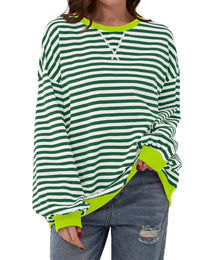 Oversized Striped Crew-Neck Sweatshirt - Holly