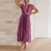 Pleated Midi Dress With V-Neckline - Sandy