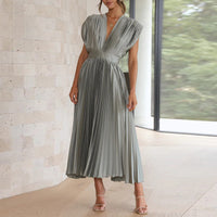 Pleated Midi Dress With V-Neckline - Sandy