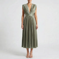 Pleated Midi Dress With V-Neckline - Sandy