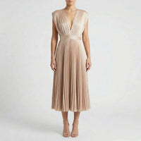 Pleated Midi Dress With V-Neckline - Sandy