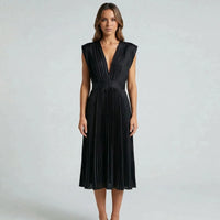Pleated Midi Dress With V-Neckline - Sandy