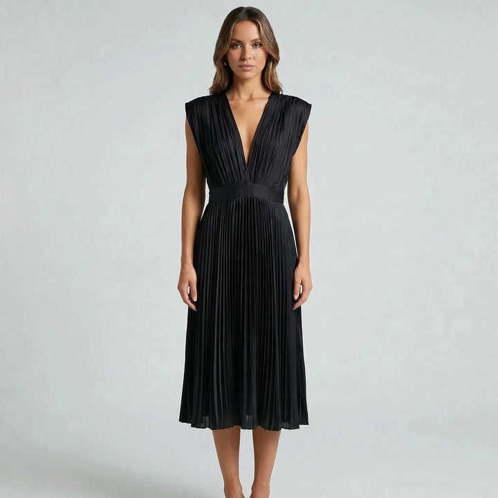 Pleated Midi Dress With V-Neckline - Sandy