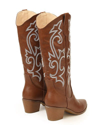Pointed Toe Block Heel Cowboy Boot - Brandy