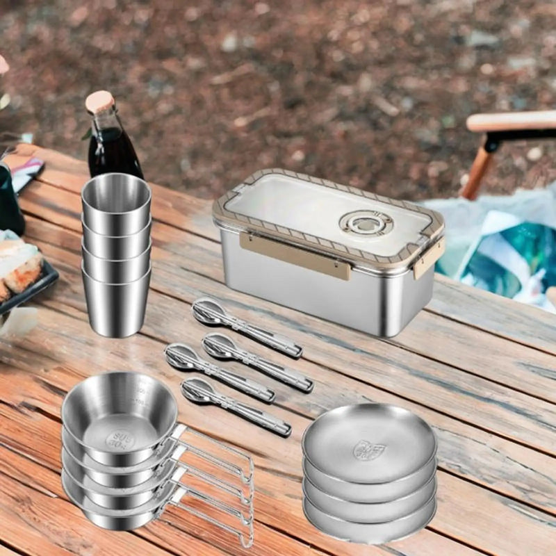 Camping Messgeschirr-Set aus Edelstahl mit Aufbewahrungsbox – CampSet