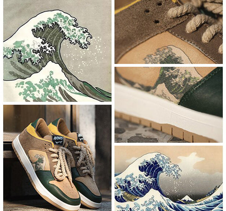 Kunstvolle Unisex Plateau-Sneakers mit Wellenmotiv – Daiki