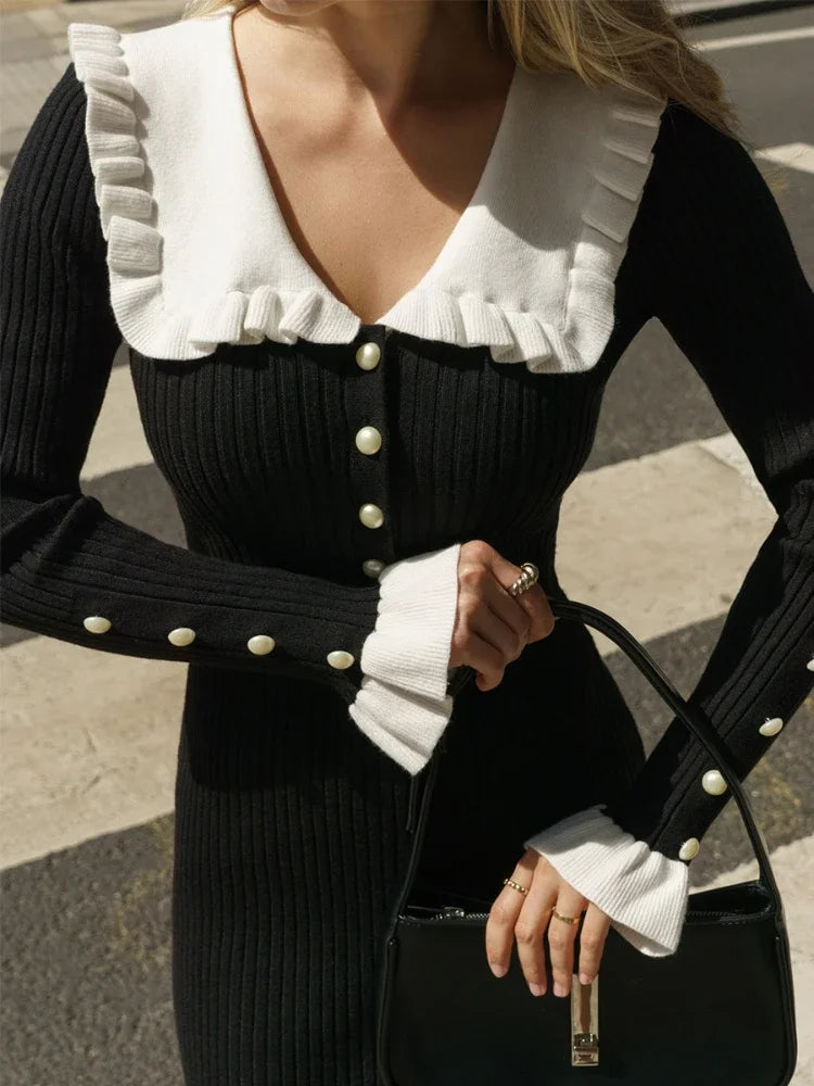 Damen Strick-Maxikleid mit hoher Taille & Rüschen – Isolde