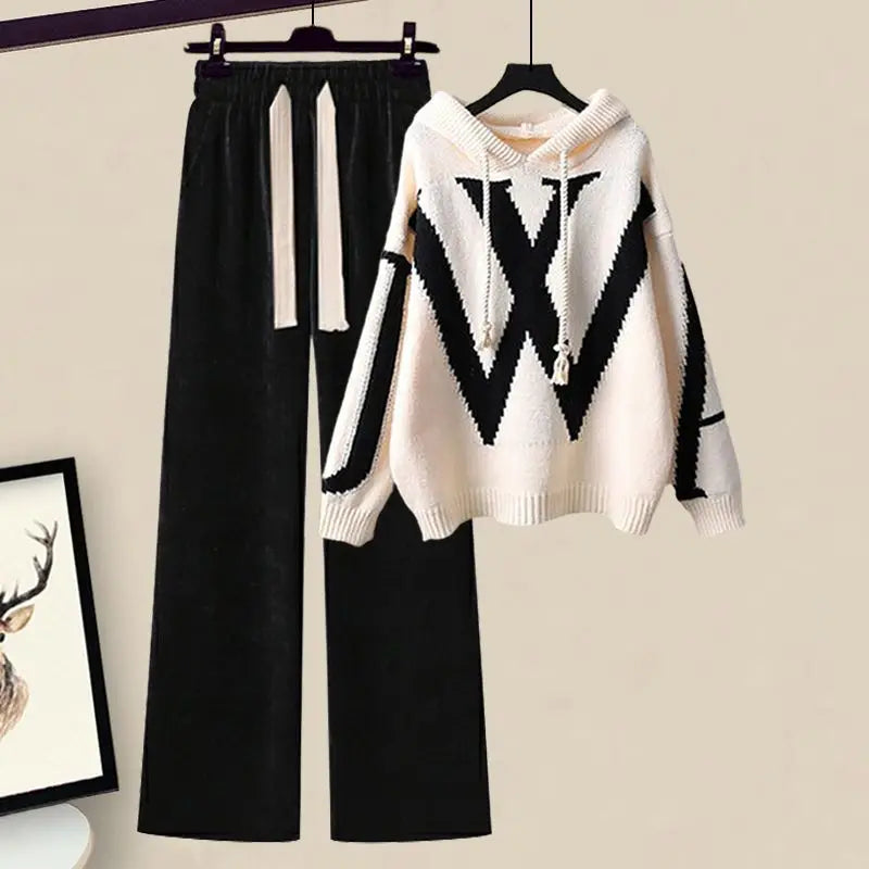 Damen Zweiteilige Herbst Set mit Strickpullover und weiter Hose – Selina