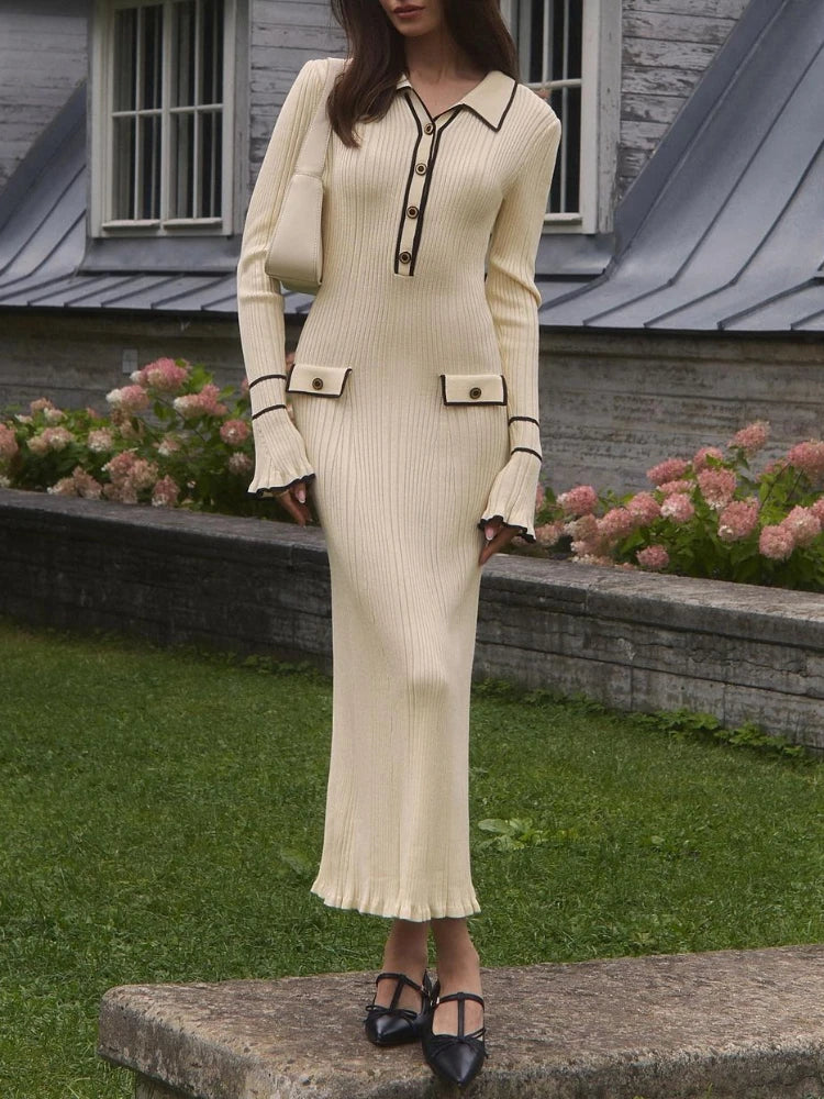 Damen Strick-Maxikleid mit hoher Taille & Rüschen – Isolde