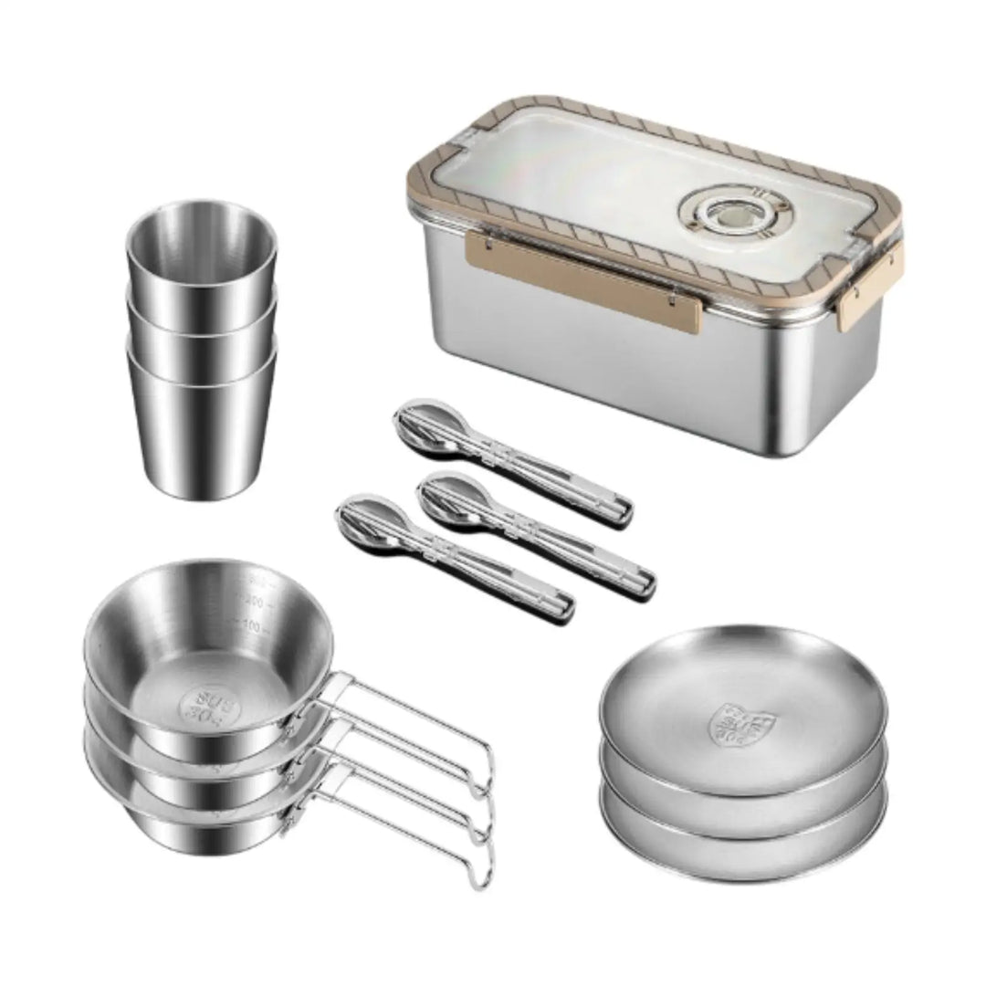 Camping Messgeschirr-Set aus Edelstahl mit Aufbewahrungsbox – CampSet