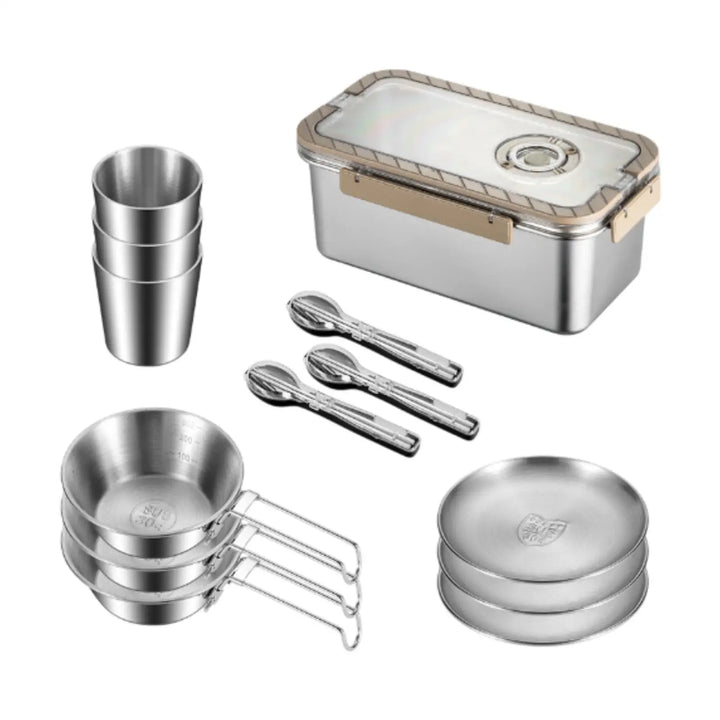 Camping Messgeschirr-Set aus Edelstahl mit Aufbewahrungsbox – CampSet