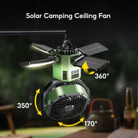 Solar Camping Fan mit 6000mAh Batterie, LED Licht & 4-Geschwindigkeits-Kühlung – SunBreeze