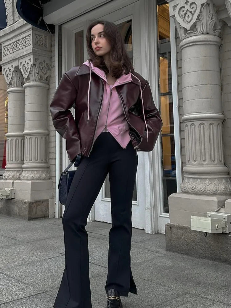 Braunes Leder Damenjacke mit Reverskragen – Giulia