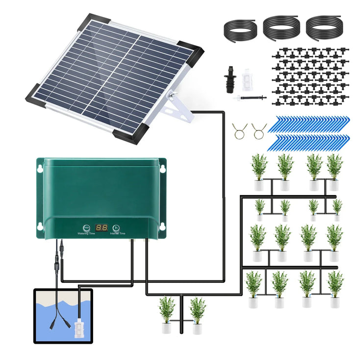 Solar-Tropfbewässerungssystem-Kit Automatisches Bewässern mit 30 Modi & 7 Timern – AquaFlow