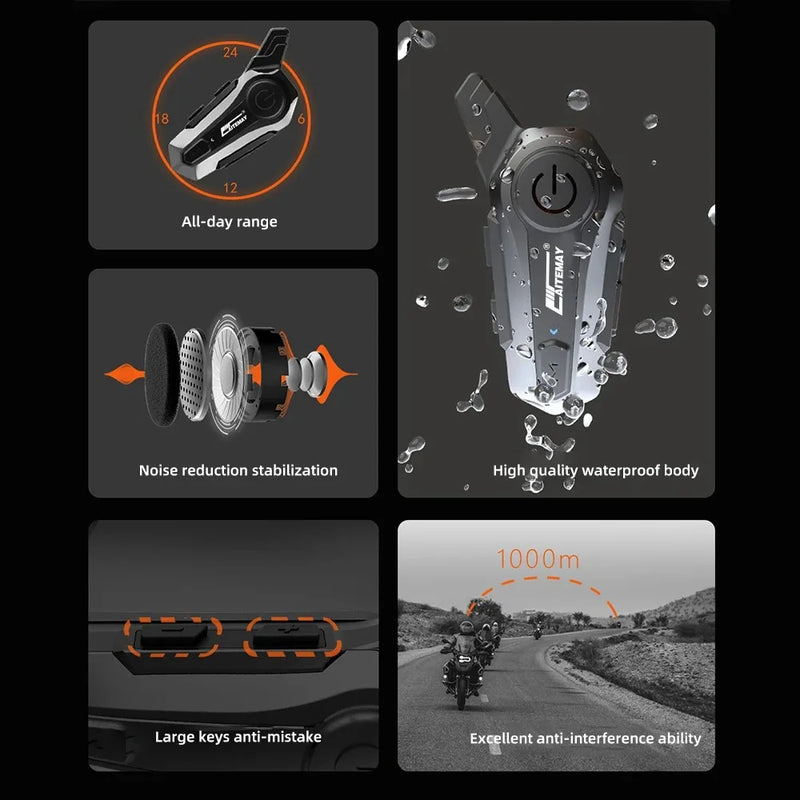 Bluetooth-Motorradhelm-Intercom-Headset mit 1000 m Reichweite & IPX6 wasserdicht – RoadComm