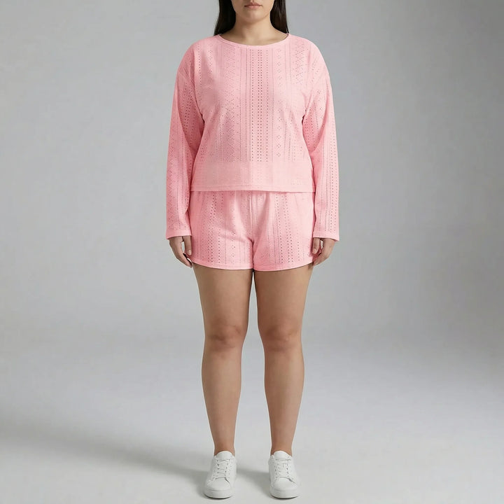 Set Aus Langarmshirt Mit Rundhalsausschnitt Und Shorts Für Große Größen - Charlene
