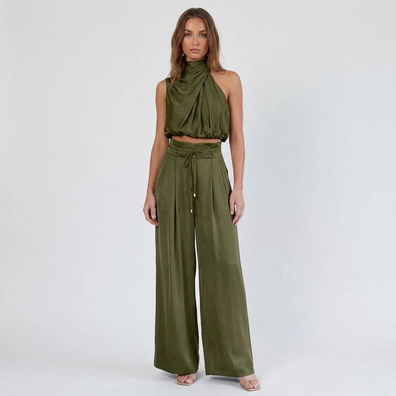 Sleeveless Halter Neck Wide-Leg Outfit - Tiffany