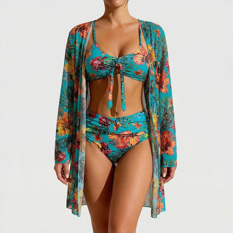 Three-Piece Tropical Floral Bikini Set - Dixie