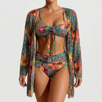 Three-Piece Tropical Floral Bikini Set - Dixie