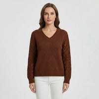 V-Neck Knitted Jumper With Open-Weave Sleeves - Audrey