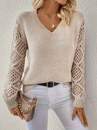 V-Neck Knitted Jumper With Open-Weave Sleeves - Audrey