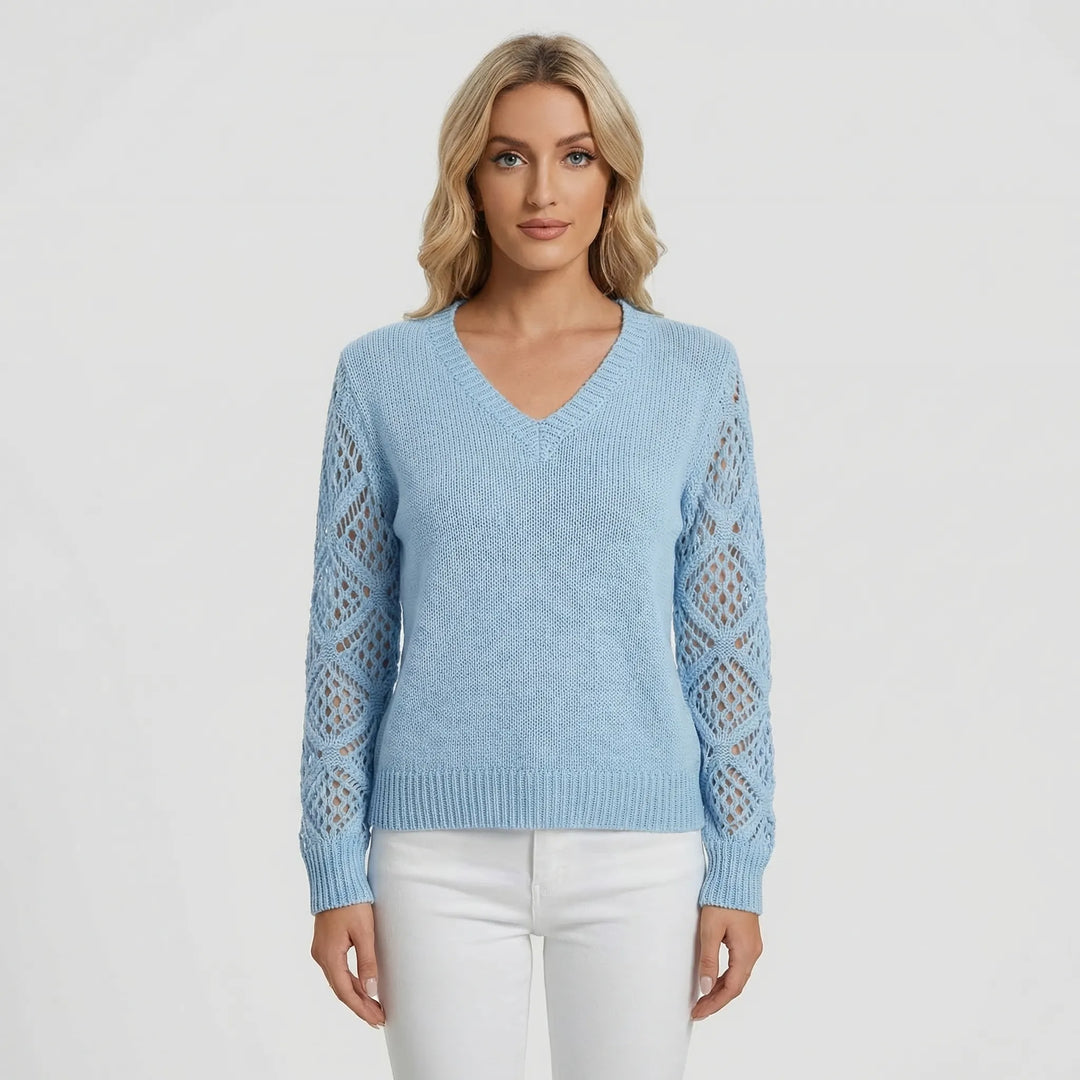 V-Neck Knitted Jumper With Open-Weave Sleeves - Audrey