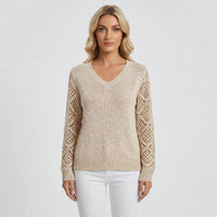 V-Neck Knitted Jumper With Open-Weave Sleeves - Audrey