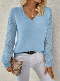 V-Neck Knitted Jumper With Open-Weave Sleeves - Audrey