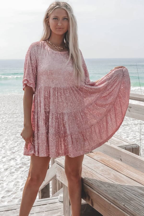 Pailletten-Kleid Damen - Elegantes Abendkleid mit Glitzer-Rosa-M-Luzern Mode