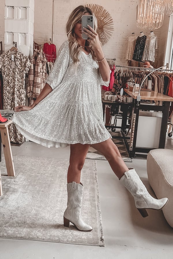 Pailletten-Kleid Damen - Elegantes Abendkleid mit Glitzer-Silber-M-Luzern Mode