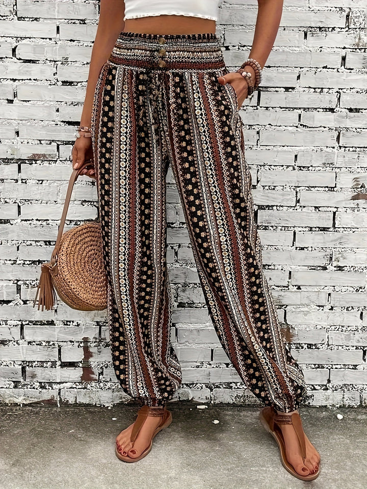 Boho High-Waist Damenhose mit Print & gesmoktem Bund – Linara