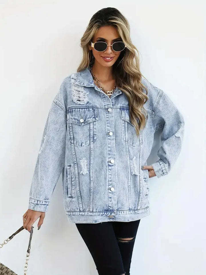 Wasserfeste & Gefütterte Oversized Damen Jeansjacke mit Kapuze – Talia