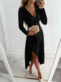 Wickelkleid Damen Elegant V-Ausschnitt Langarm Party-Schwarz-S-Luzern Mode