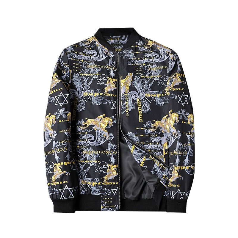 Herren Bomberjacke | Abstract Bedruckt | Reißverschluss | Rippbündchen-Dunkelgrau-S-Luzern Mode
