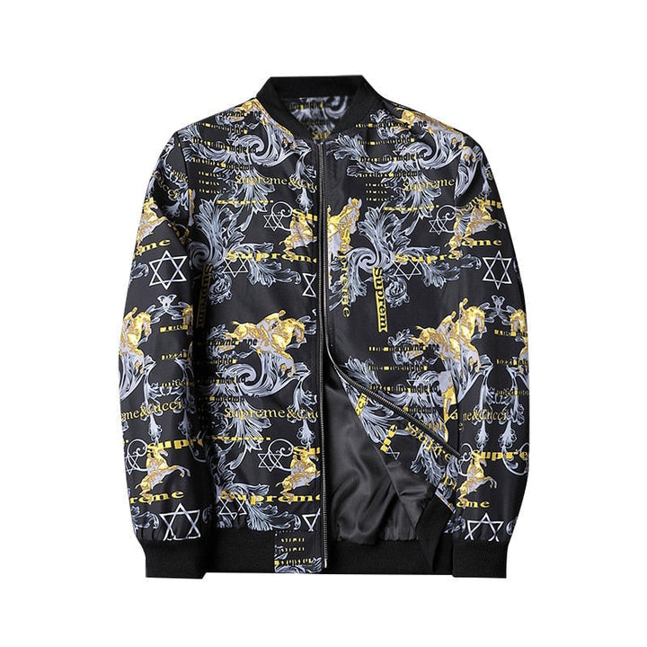 Herren Bomberjacke | Abstract Bedruckt | Reißverschluss | Rippbündchen-Dunkelgrau-S-Luzern Mode