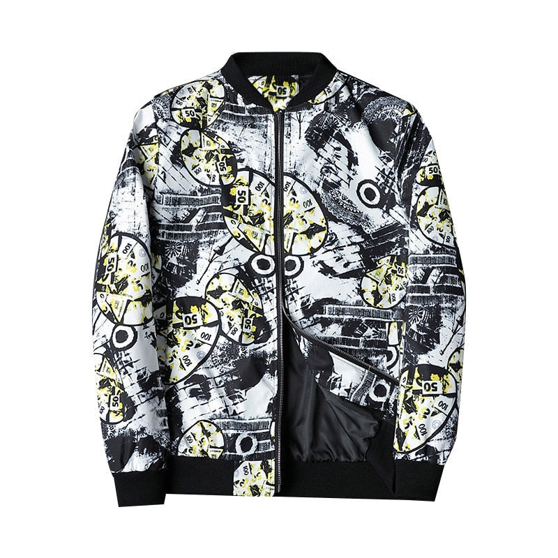 Herren Bomberjacke | Abstract Bedruckt | Reißverschluss | Rippbündchen-Weiß-S-Luzern Mode